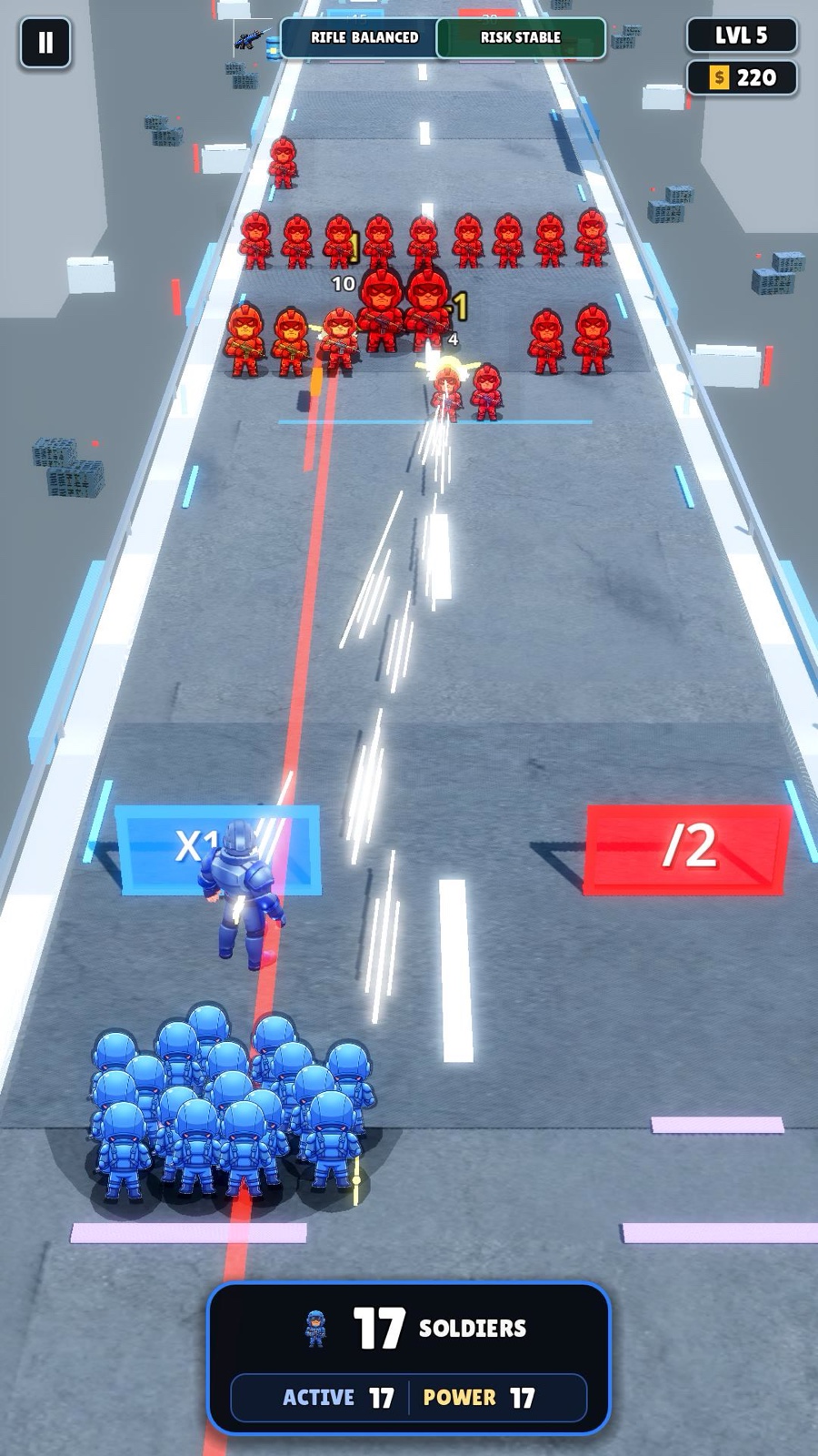 Earlier development level five gameplay showing the blue commander firing into a red enemy formation