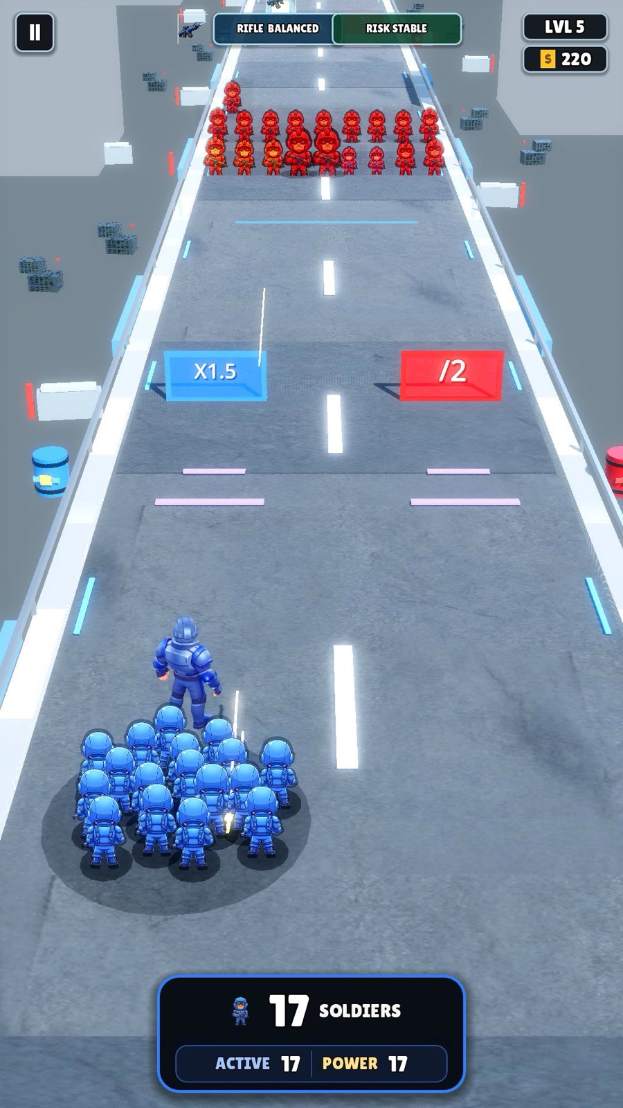 Earlier development level five gameplay showing a blue squad choosing between multiplication and division gates