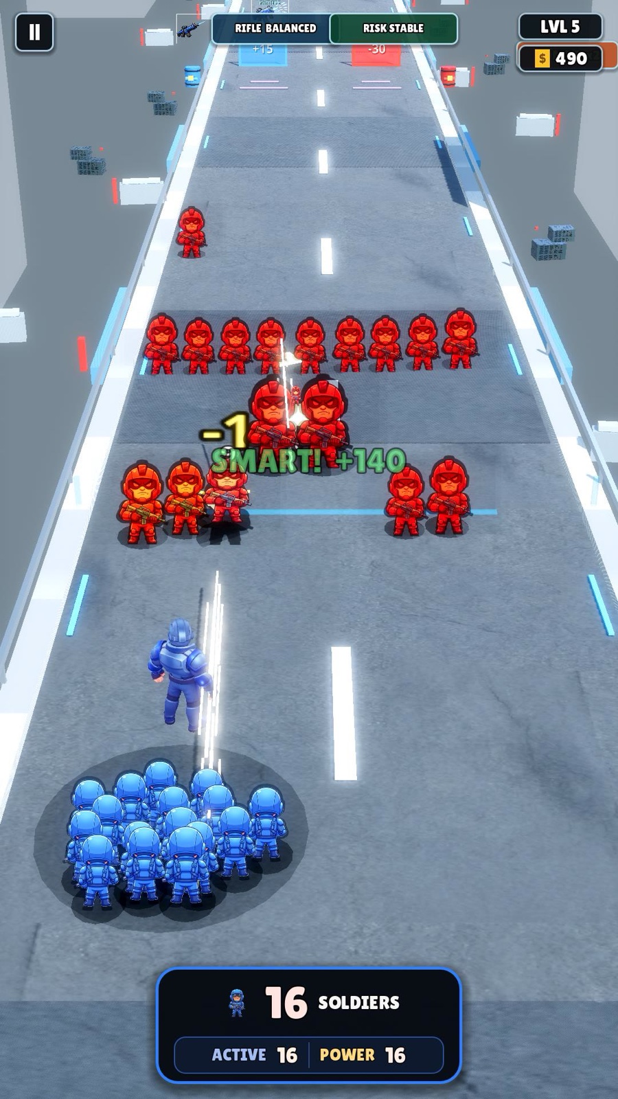 Earlier development level five gameplay showing a smart bonus during a large enemy encounter