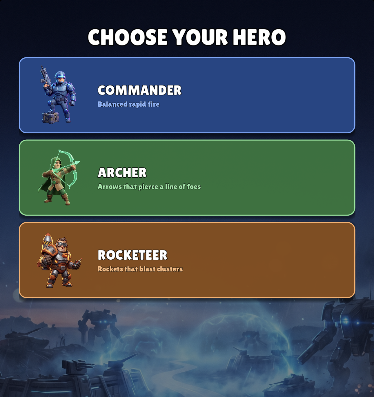 BrainMarshal current hero roster with Commander, Archer, and Rocketeer