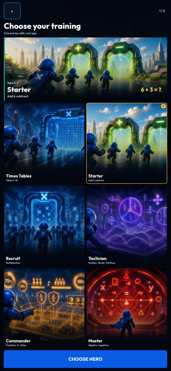 BrainMarshal training selection with six illustrated skill levels